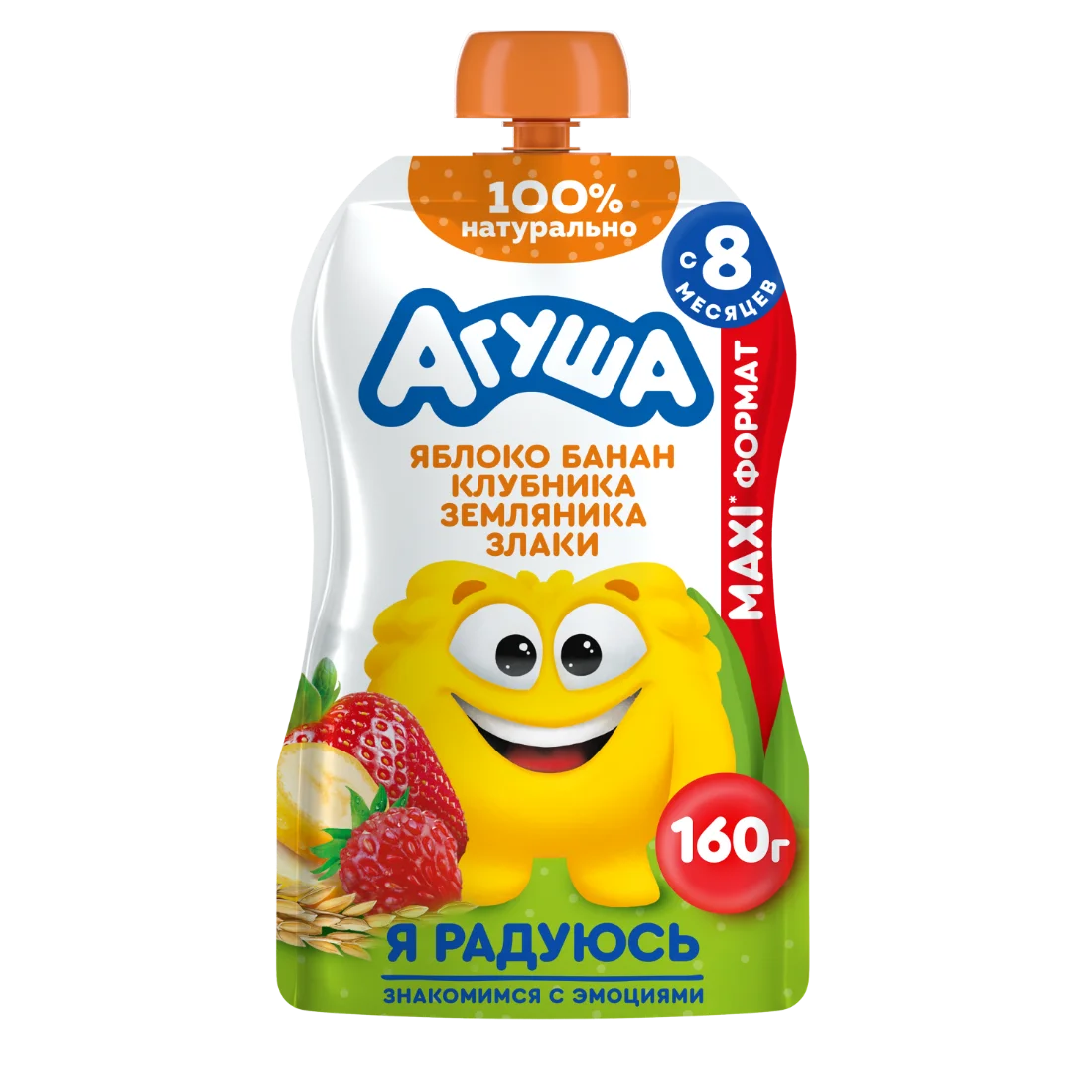 Пюре из яблока, банана, клубники и земляники со злаками